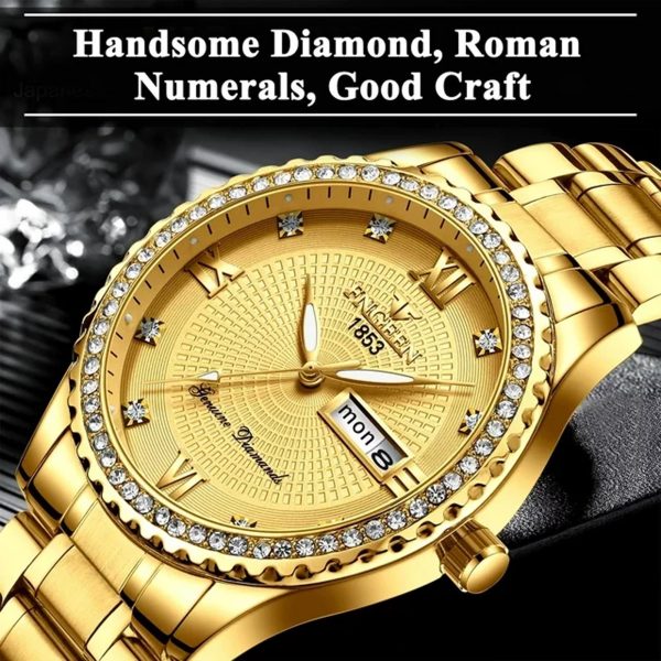 EEEkit Classic Diamond Gold Watches for Men, Stainless Steel Waterproof Dress Watch, Men's Quartz Analog Wristwatch – Image 2